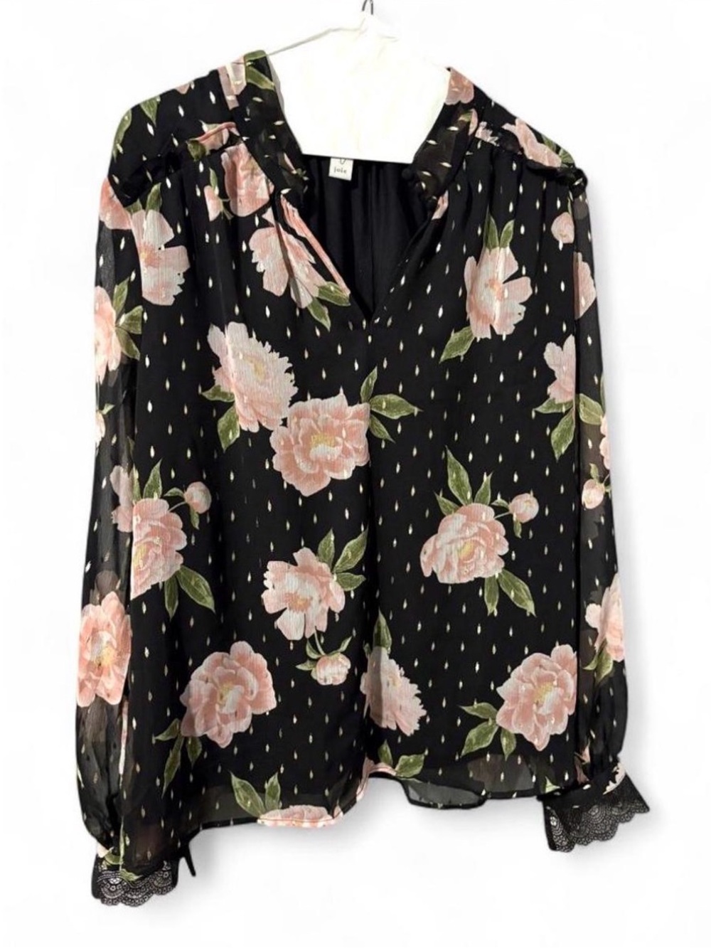 Joie XL Floral Peasant Blouse Black Pink Peony Lace Cuff Chiffon Top